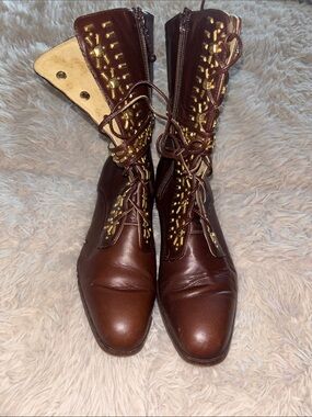 Brown Leather Lace-Up Boots with Gold Stud Embellishments